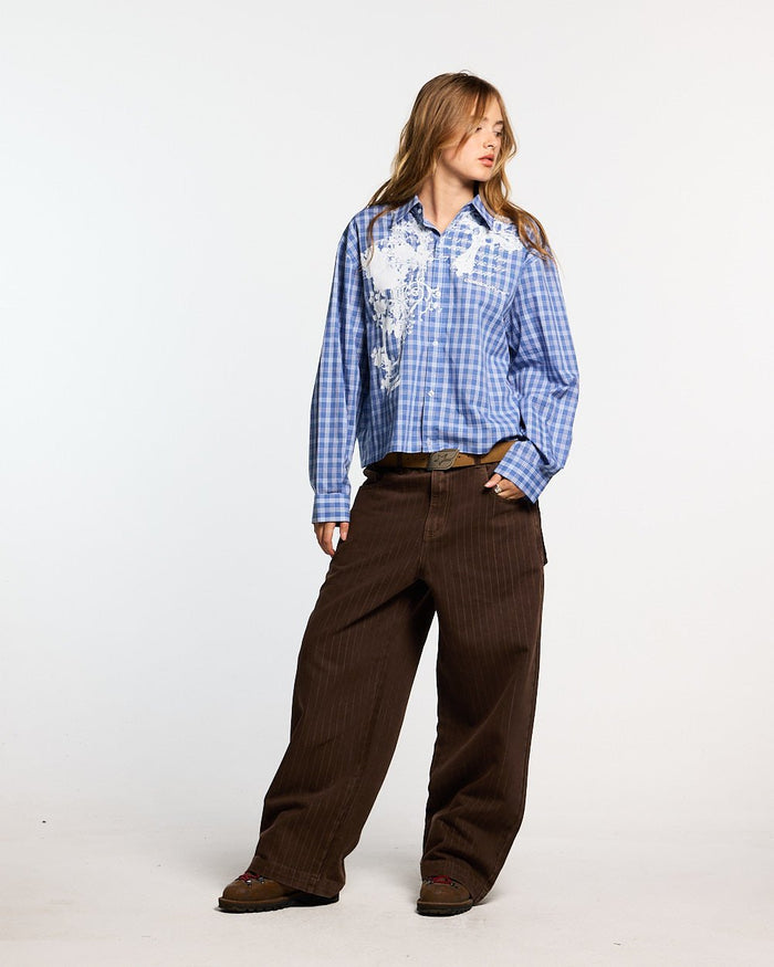 CROSS SHIRT BLUE - blue plaid long sleeve shirt, front view on female model - Cold Culture #woman