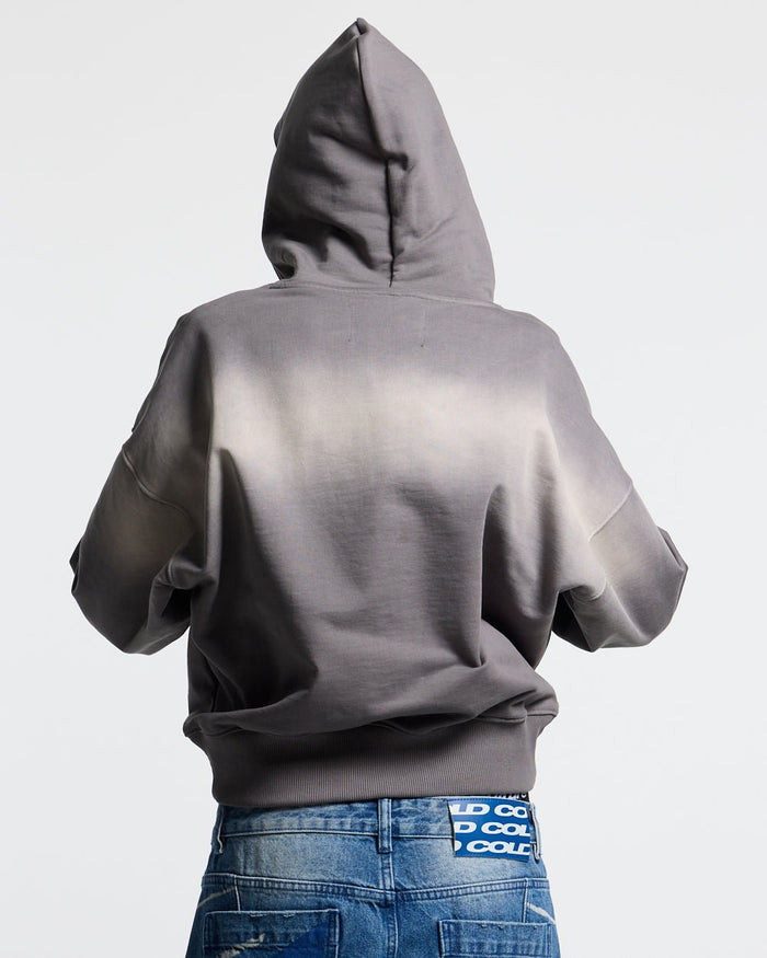 CROSSED SCRIPT HOODIE GREY - grey script print hoodie, back view on female model - Cold Culture #woman