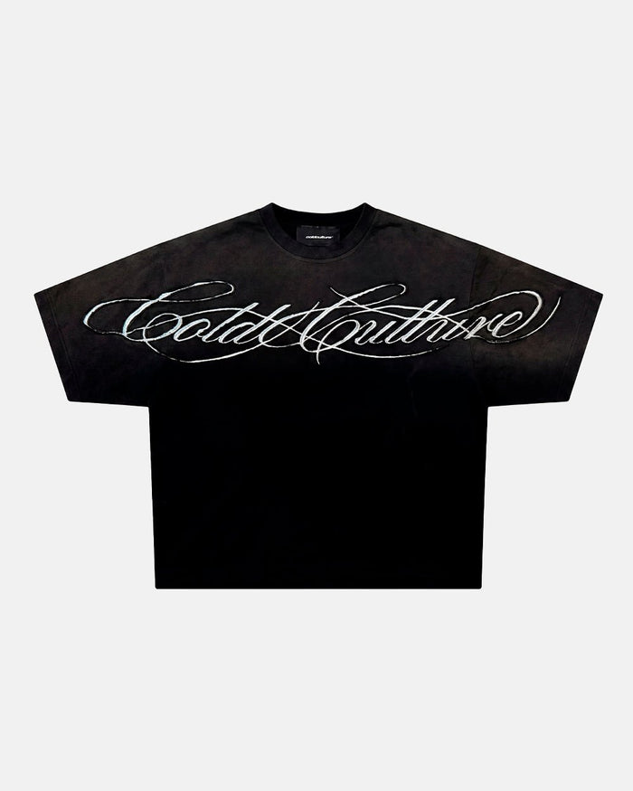 CROSSED SCRIPT TEE 2.0 BLACK - washed black script print tee, front view - Cold Culture