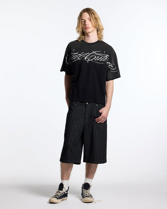 CROSSED SCRIPT TEE 2.0 BLACK - washed black script print tee, front view on male model - Cold Culture