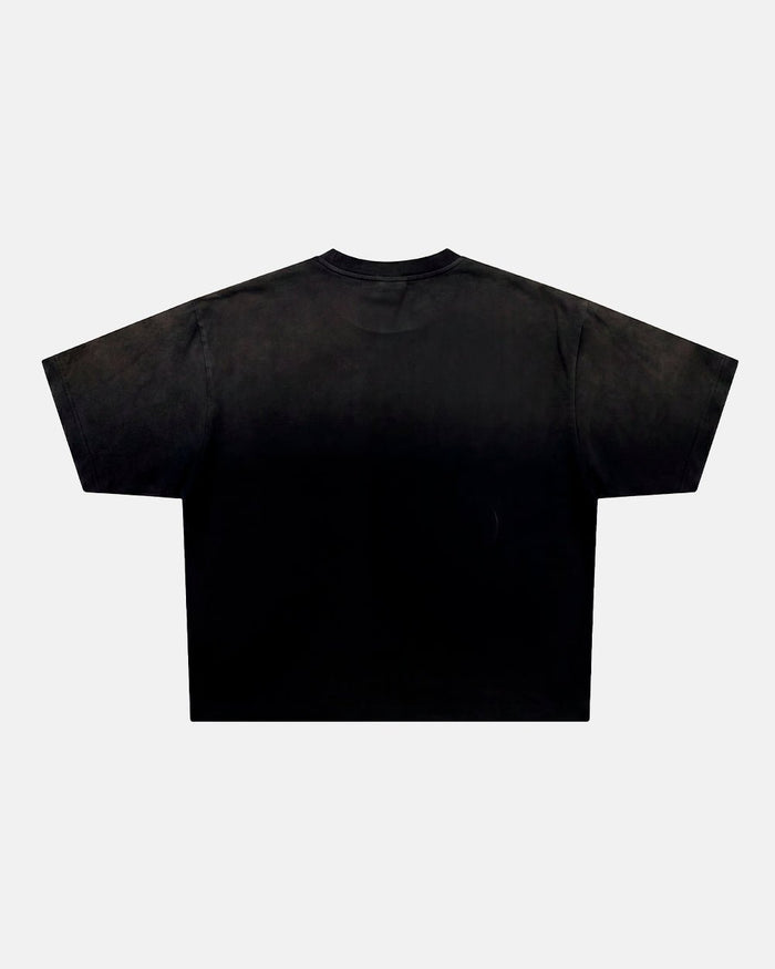 CROSSED SCRIPT TEE 2.0 BLACK - washed black script print tee, back view - Cold Culture
