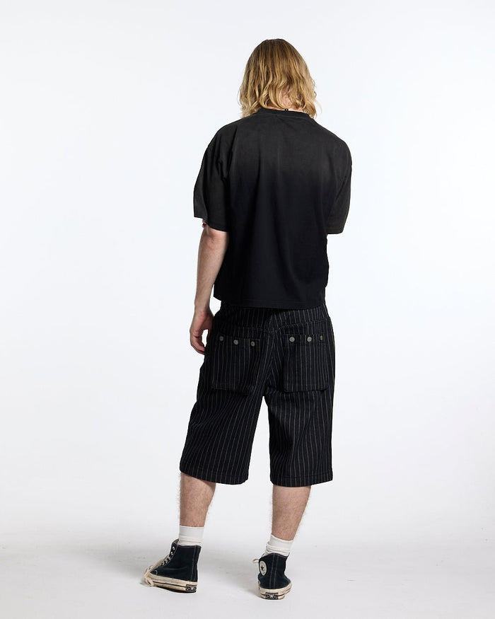 CROSSED SCRIPT TEE 2.0 BLACK - washed black script print tee, back view on male model - Cold Culture