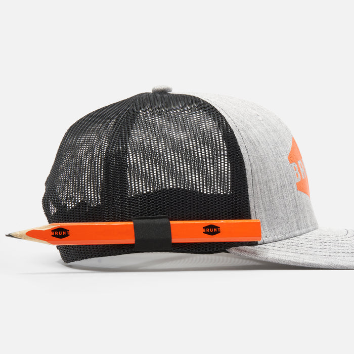 View 2 right side of curved brim work hat with built in pencil holder and BRUNT logo in grey * 4