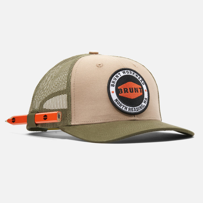 View 1 45 degree angle of front of BRUNT curved brim work hat with built in pencil holder and BRUNT logo in army green * 0