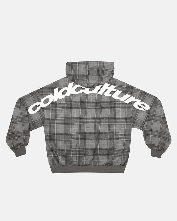 CURVED DRIFT HOODIE TARTAN - grey tartan hoodie, back view - Cold Culture