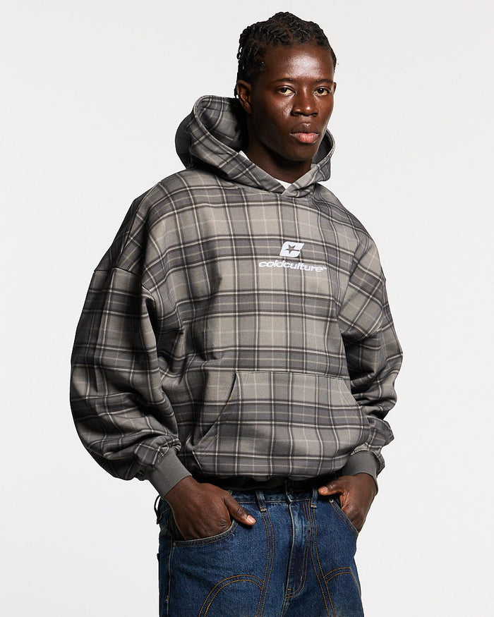 CURVED DRIFT HOODIE TARTAN - grey tartan hoodie, front view on male model - Cold Culture #man