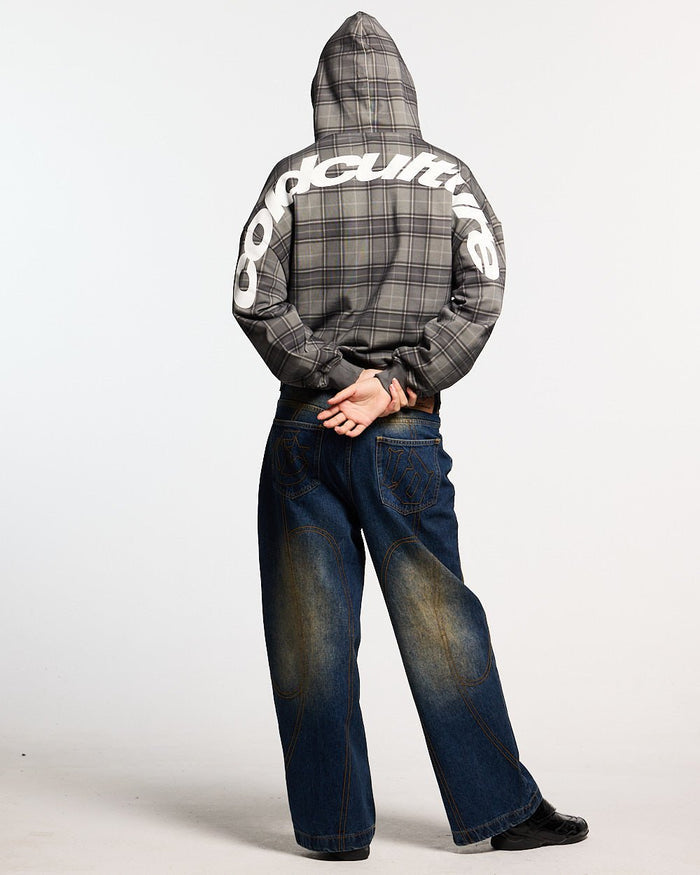 CURVED DRIFT HOODIE TARTAN - grey tartan hoodie, back view on female model - Cold Culture #woman