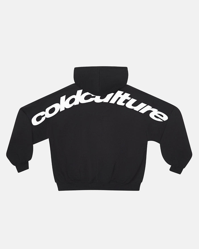 CURVED HOODIE BLACK AND WHITE - black oversized hoodie, back view - Cold Culture