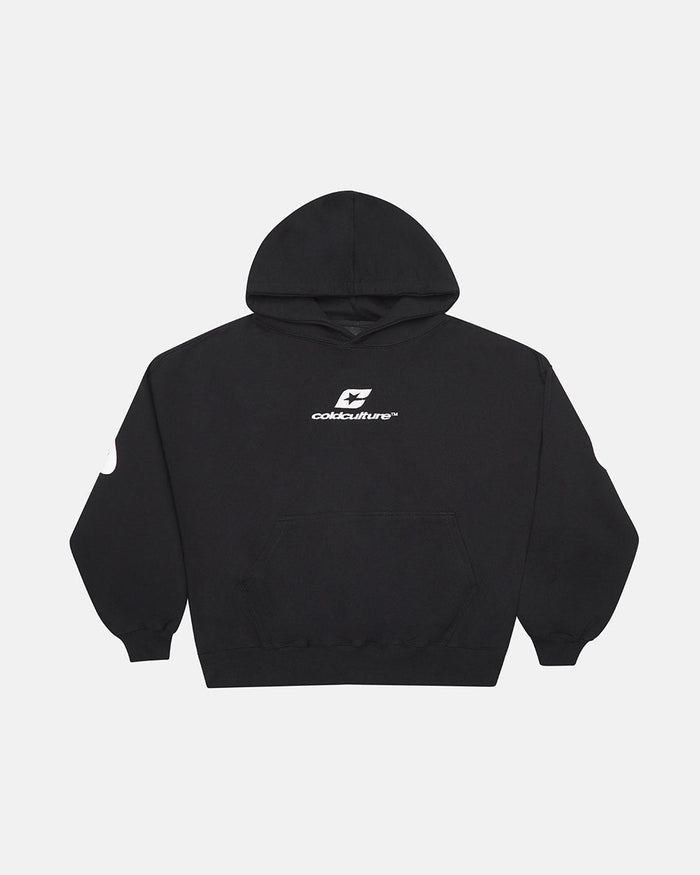 CURVED HOODIE BLACK AND WHITE - black oversized hoodie, front view - Cold Culture