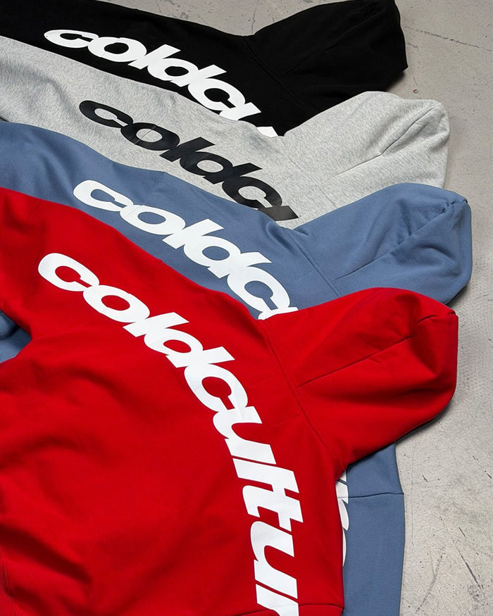 CURVED HOODIE LIGHT BLUE - light blue oversized hoodie, flat lay with matching pieces - Cold Culture