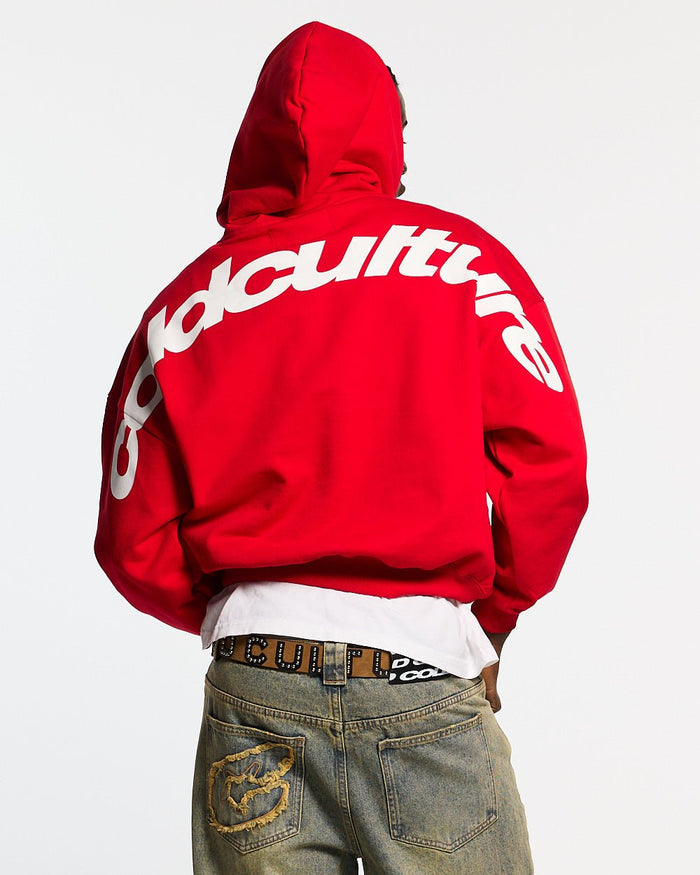 CURVED HOODIE RED - red oversized hoodie, back view on male model - Cold Culture #man