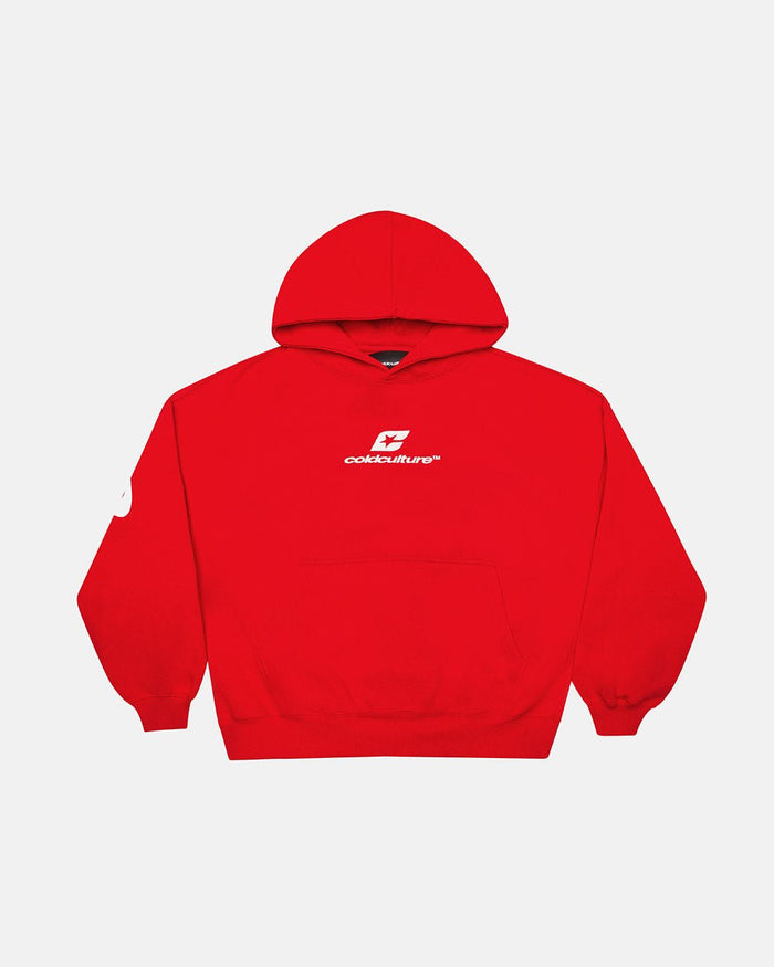 CURVED HOODIE RED - red oversized hoodie, front view - Cold Culture