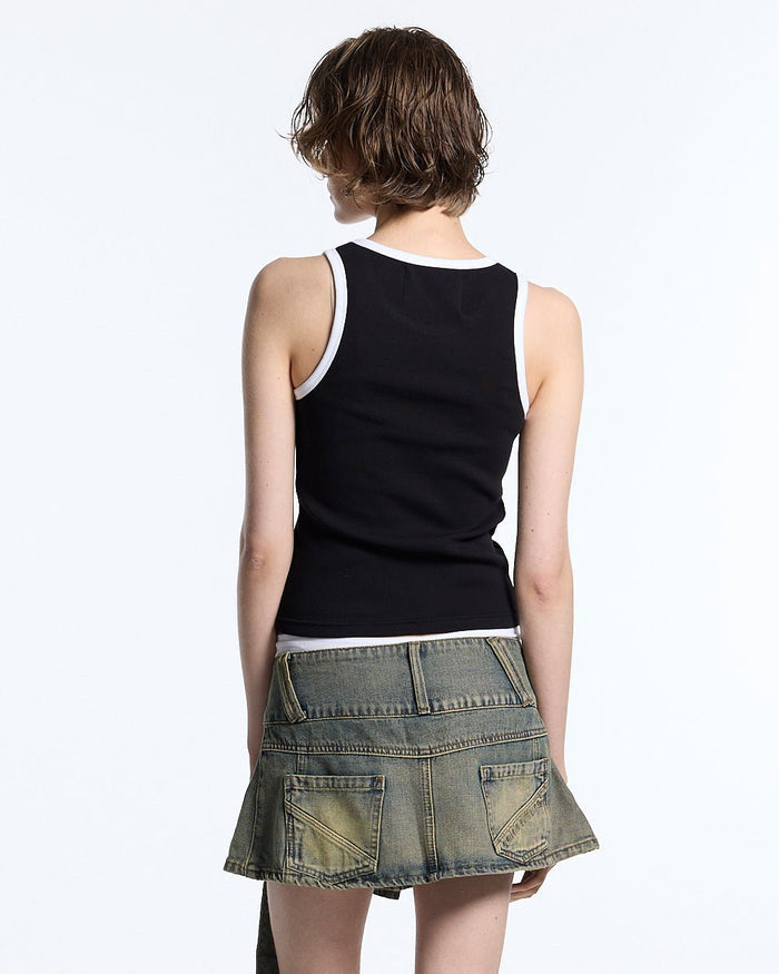 CUTE TANK TOP BLACK - black contrast trim tank top, back view on female model - Cold Culture