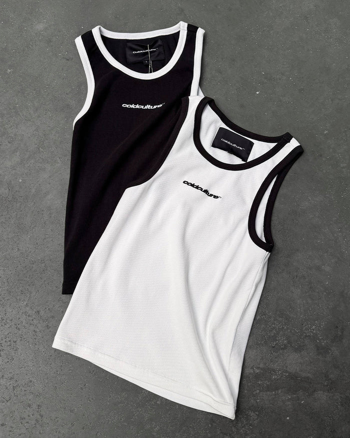 CUTE TANK TOP BLACK - black contrast trim tank top, flat lay with matching pieces - Cold Culture