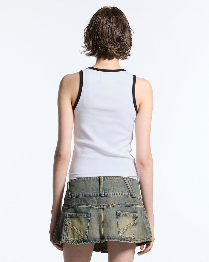 CUTE TANK TOP WHITE - white contrast trim tank top, back view on female model - Cold Culture