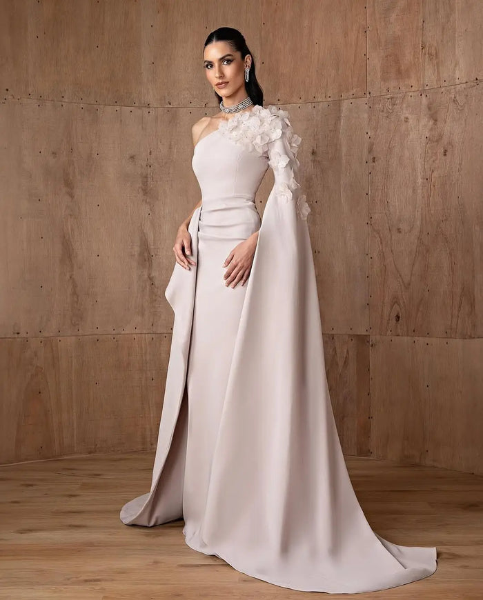 Dirty Pink One-Shoulder Mermaid Evening Dress with Cape Sleeve & 3D Floral Appliqués SF555 Sheer Fairy