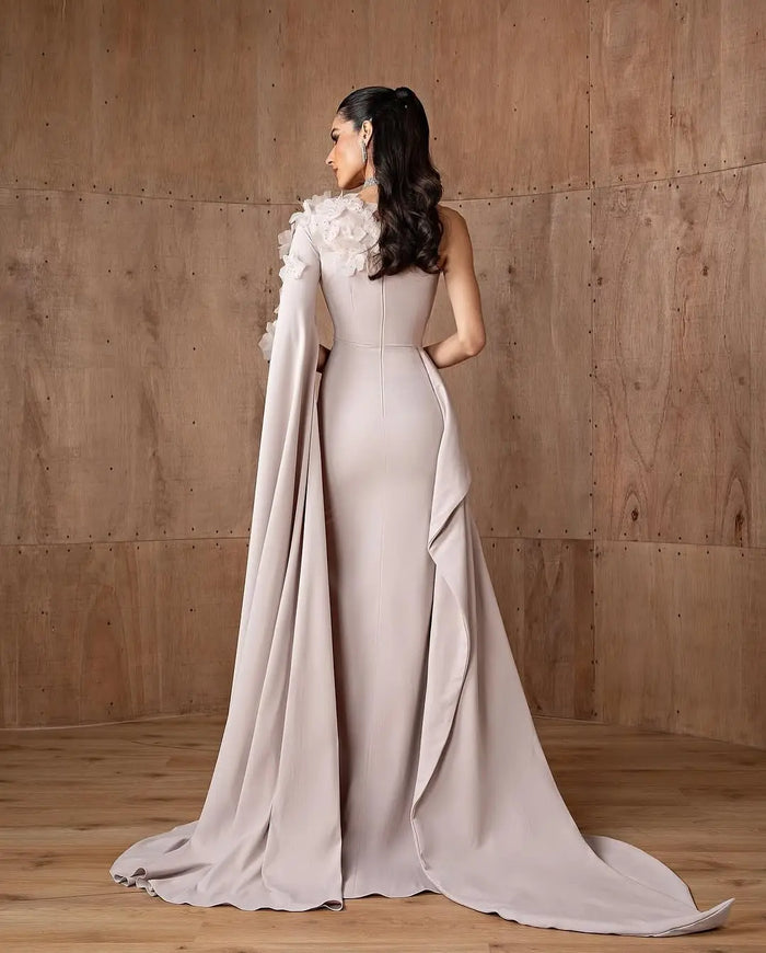 Dirty Pink One-Shoulder Mermaid Evening Dress with Cape Sleeve & 3D Floral Appliqués SF555 Sheer Fairy