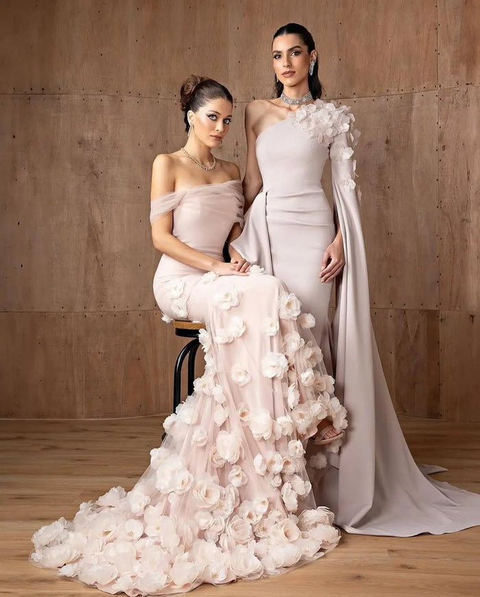 Dirty Pink One-Shoulder Mermaid Evening Dress with Cape Sleeve & 3D Floral Appliqués SF555 Sheer Fairy