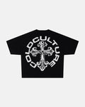DISCHARGE TEE BLACK - black oversized graphic tee, back view - Cold Culture