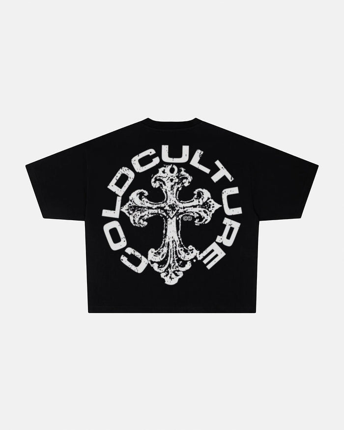 DISCHARGE TEE BLACK - black oversized graphic tee, back view - Cold Culture