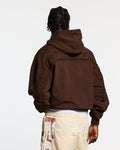 DISTRESS CURVED HOODIE BROWN - brown distressed hoodie, back view on male model - Cold Culture #man