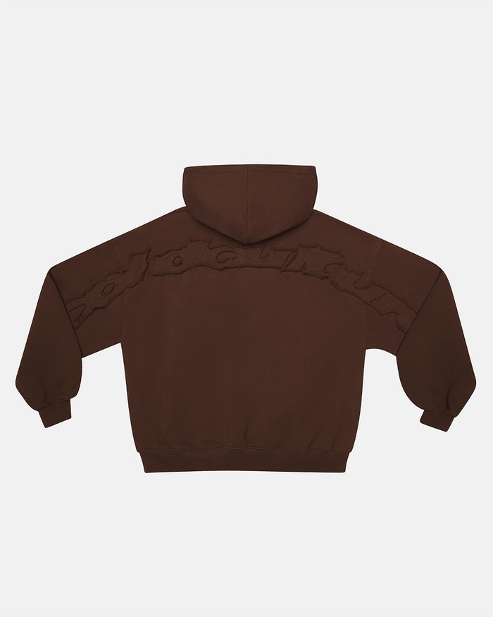 DISTRESS CURVED HOODIE BROWN - brown distressed hoodie, back view - Cold Culture
