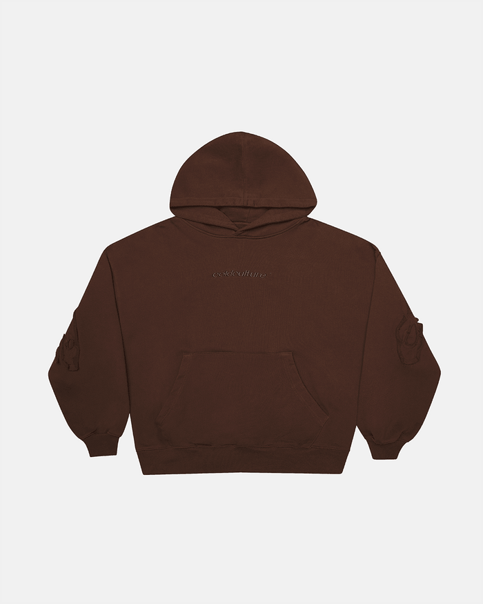 DISTRESS CURVED HOODIE BROWN - brown distressed hoodie, front view - Cold Culture