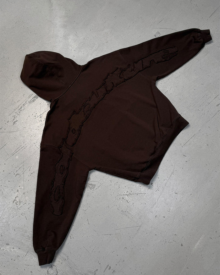 DISTRESS CURVED HOODIE BROWN - brown distressed hoodie, flat lay - Cold Culture