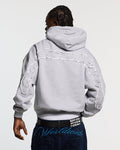DISTRESS CURVED HOODIE LIGHT GREY - light grey distressed hoodie, back view on male model - Cold Culture #man