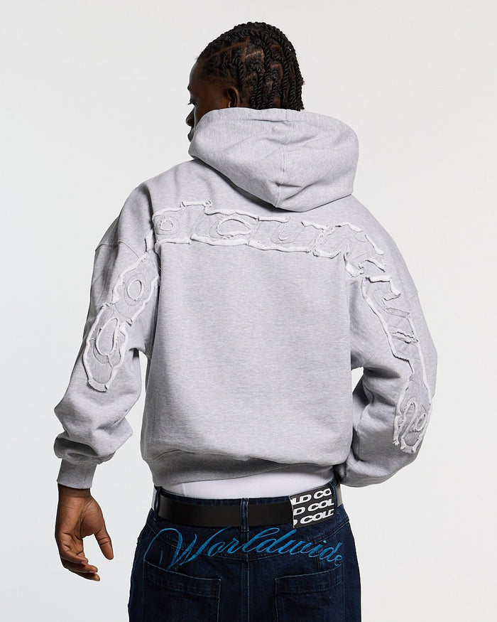 DISTRESS CURVED HOODIE LIGHT GREY - light grey distressed hoodie, back view on male model - Cold Culture #man