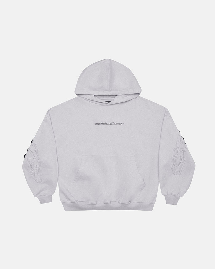 DISTRESS CURVED HOODIE LIGHT GREY - light grey distressed hoodie, front view - Cold Culture