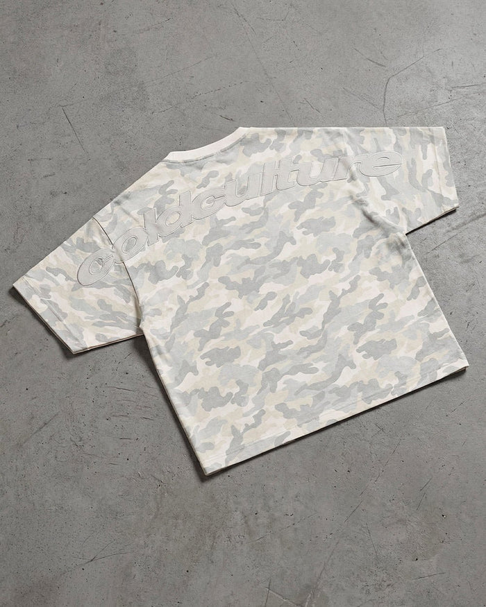 DISTRESS CURVED TEE CAMO GREY - grey camo tee, flat lay - Cold Culture