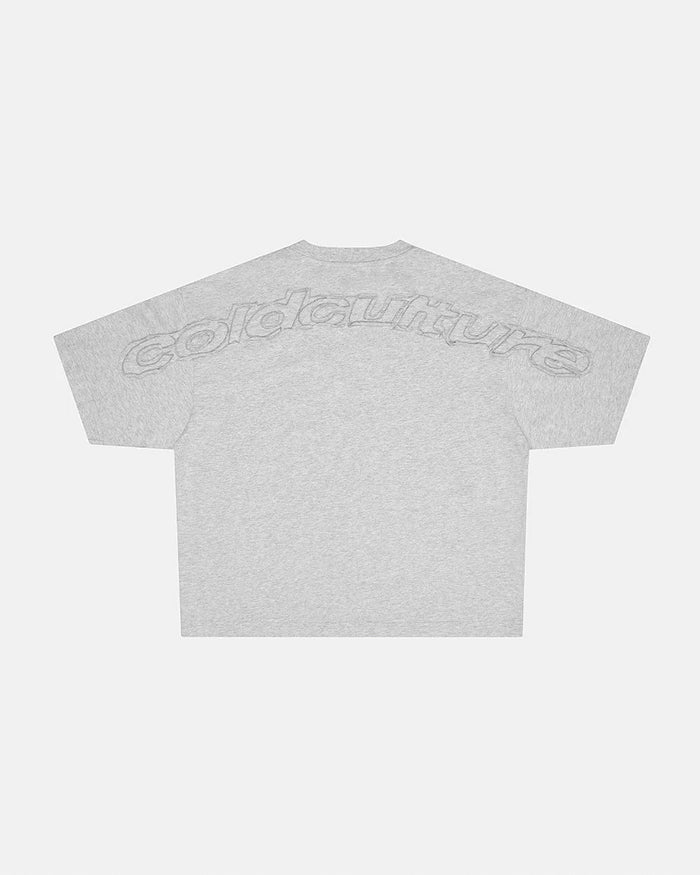 DISTRESS CURVED TEE HEATHER GREY - heather grey applique logo tee, back view - Cold Culture