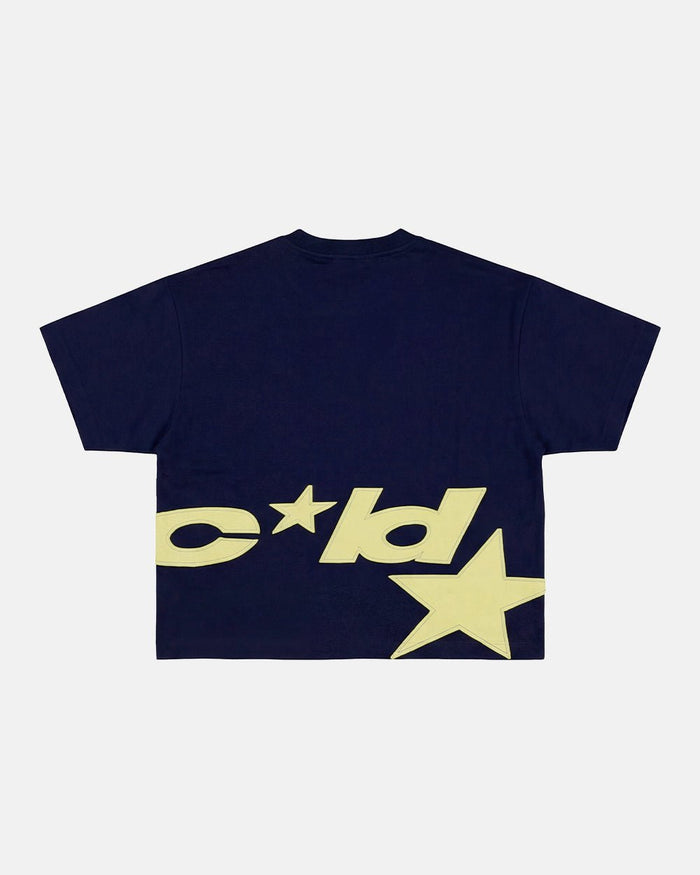 DISTRESS DEFENSE TEE NAVY - navy blue graphic print tee, back view - Cold Culture
