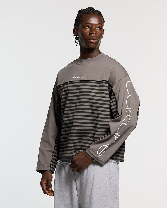 DOUBLE SIDED LONGSLEEVE DARK GREY - dark grey striped longsleeve tee, front view on male model - Cold Culture #man