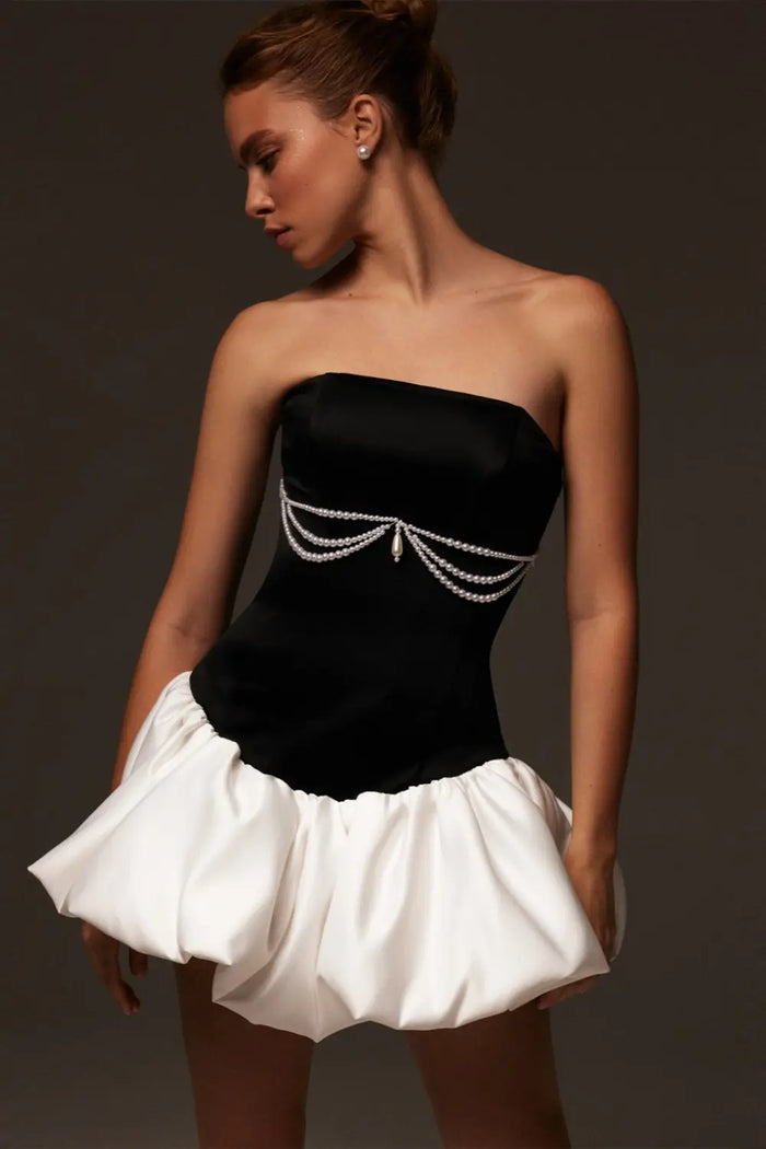 Dreamy Black White Satin Homecoming Dress with White Bubble Skirt RM221 Sheer Fairy
