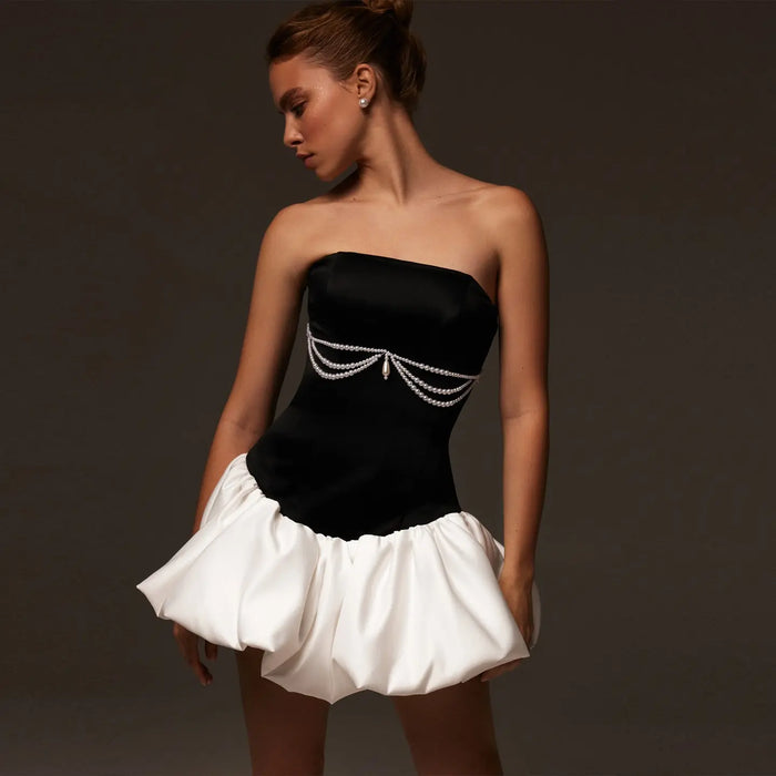 Dreamy Black White Satin Homecoming Dress with White Bubble Skirt RM221 Sheer Fairy