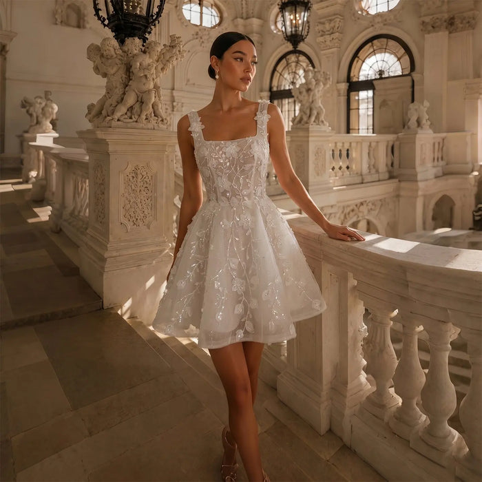 Dreamy Off White Square Neck Wedding Dress with Floral Appliques SW722 Sheer Fairy