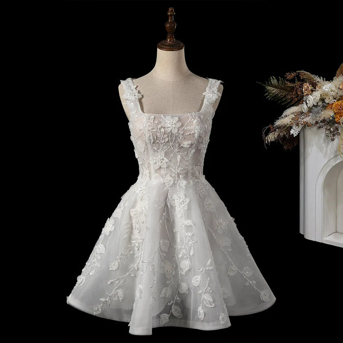 Dreamy Off White Square Neck Wedding Dress with Floral Appliques SW722 Sheer Fairy