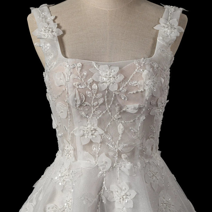 Dreamy Off White Square Neck Wedding Dress with Floral Appliques SW722 Sheer Fairy
