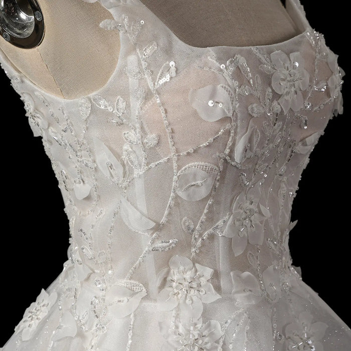 Dreamy Off White Square Neck Wedding Dress with Floral Appliques SW722 Sheer Fairy