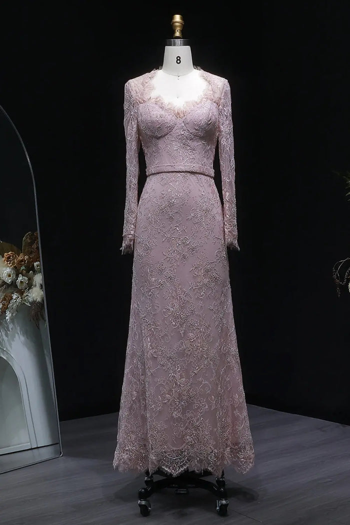 Dusty Rose Long Sleeve Sweetheart Lace Sheath Evening Dress SF405 Sheer Fairy