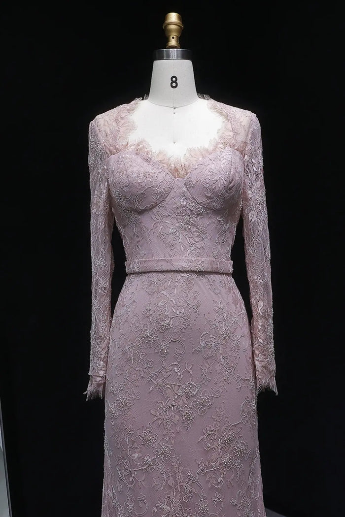 Dusty Rose Long Sleeve Sweetheart Lace Sheath Evening Dress SF405 Sheer Fairy
