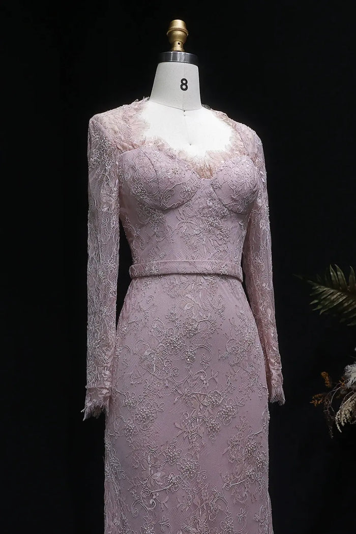 Dusty Rose Long Sleeve Sweetheart Lace Sheath Evening Dress SF405 Sheer Fairy