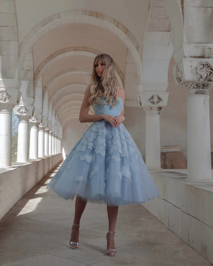 Elegant Blue Strapless Lace-Up Corset 3D Floral Midi Ballgown Homecoming Dress RM232 Sheer Fairy
