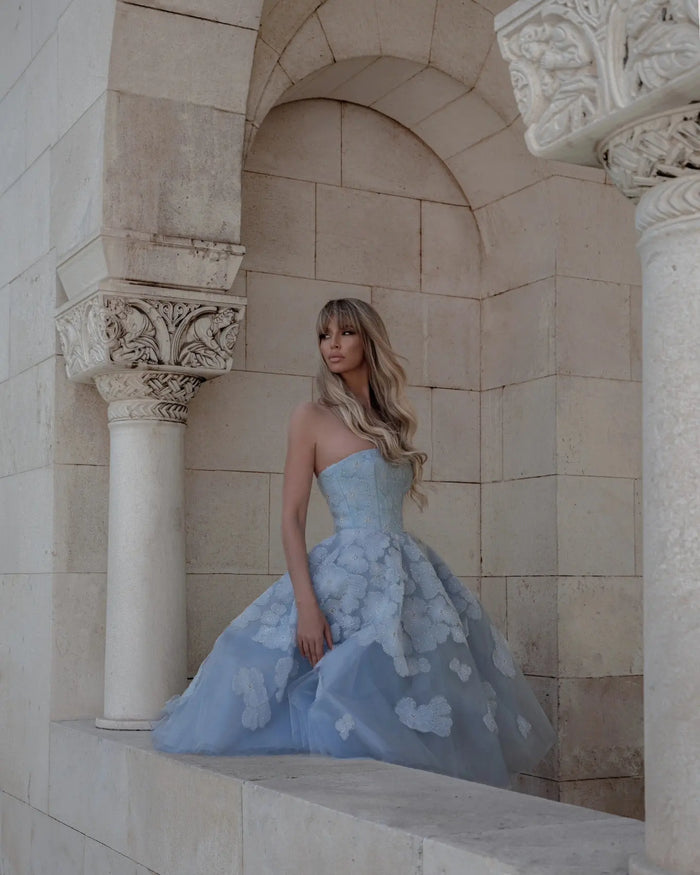 Elegant Blue Strapless Lace-Up Corset 3D Floral Midi Ballgown Homecoming Dress RM232 Sheer Fairy