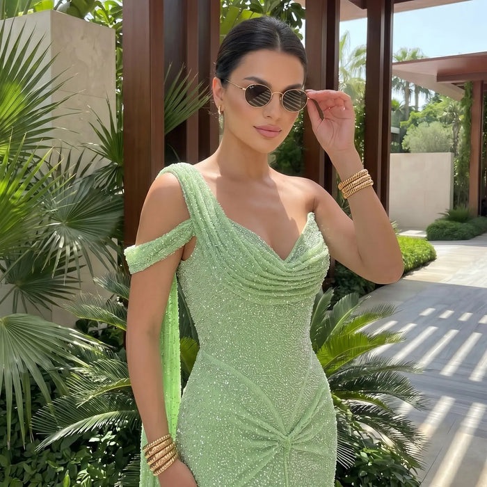 Elegant One-Shoulder Beaded Mermaid Prom Dress with Drape Detail SH572 Sheer Fairy