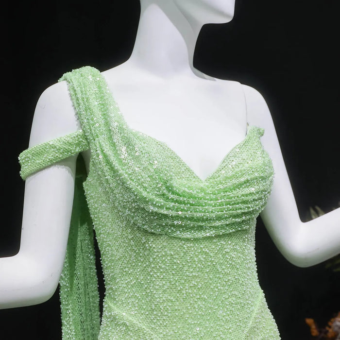 Elegant One-Shoulder Beaded Mermaid Prom Dress with Drape Detail SH572 Sheer Fairy