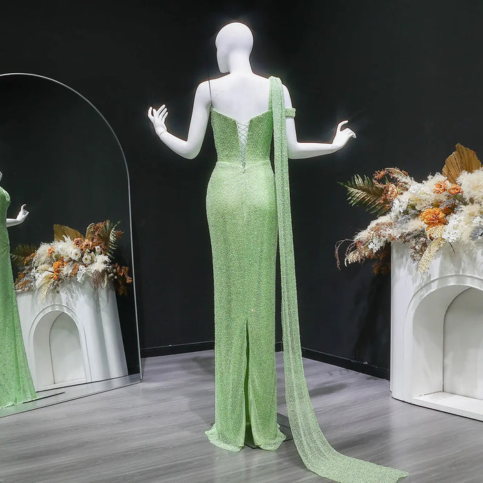 Elegant One-Shoulder Beaded Mermaid Prom Dress with Drape Detail SH572 Sheer Fairy