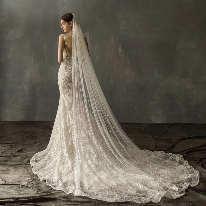 Vintage Floral Lace Mantilla Bridal Veil Long Cathedral Length 90.55 Inches Lace Trim Wedding Veil for Bride BV001（副本） SHEER FAIRY